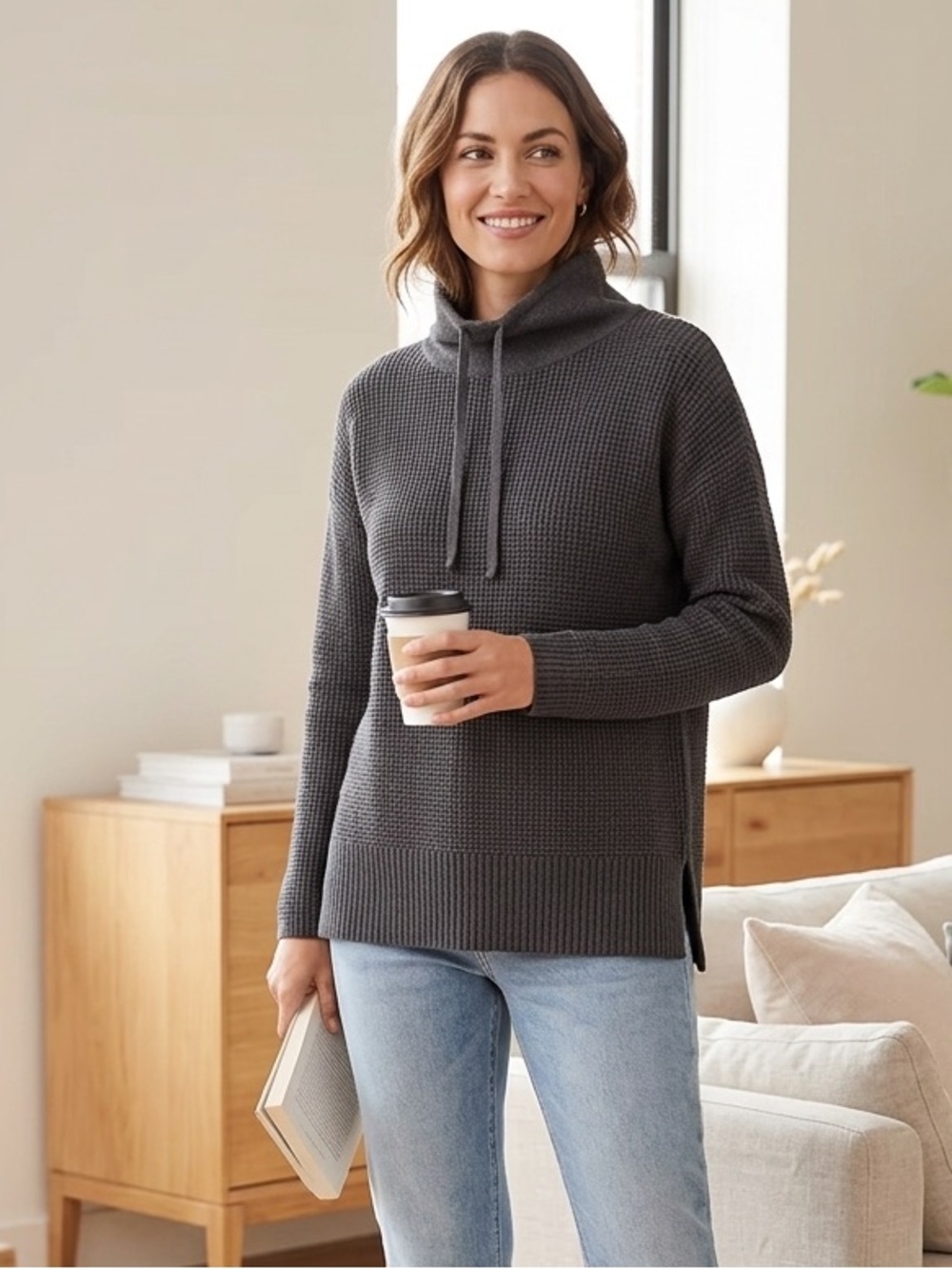 Lou & Grey Cozy Cotton Waffle Cowl Neck Pullover Sweater- Charcoal